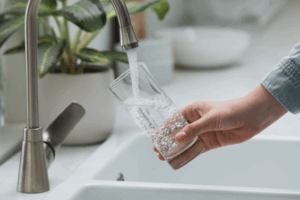 Close up of person filling a glass with water from the sink